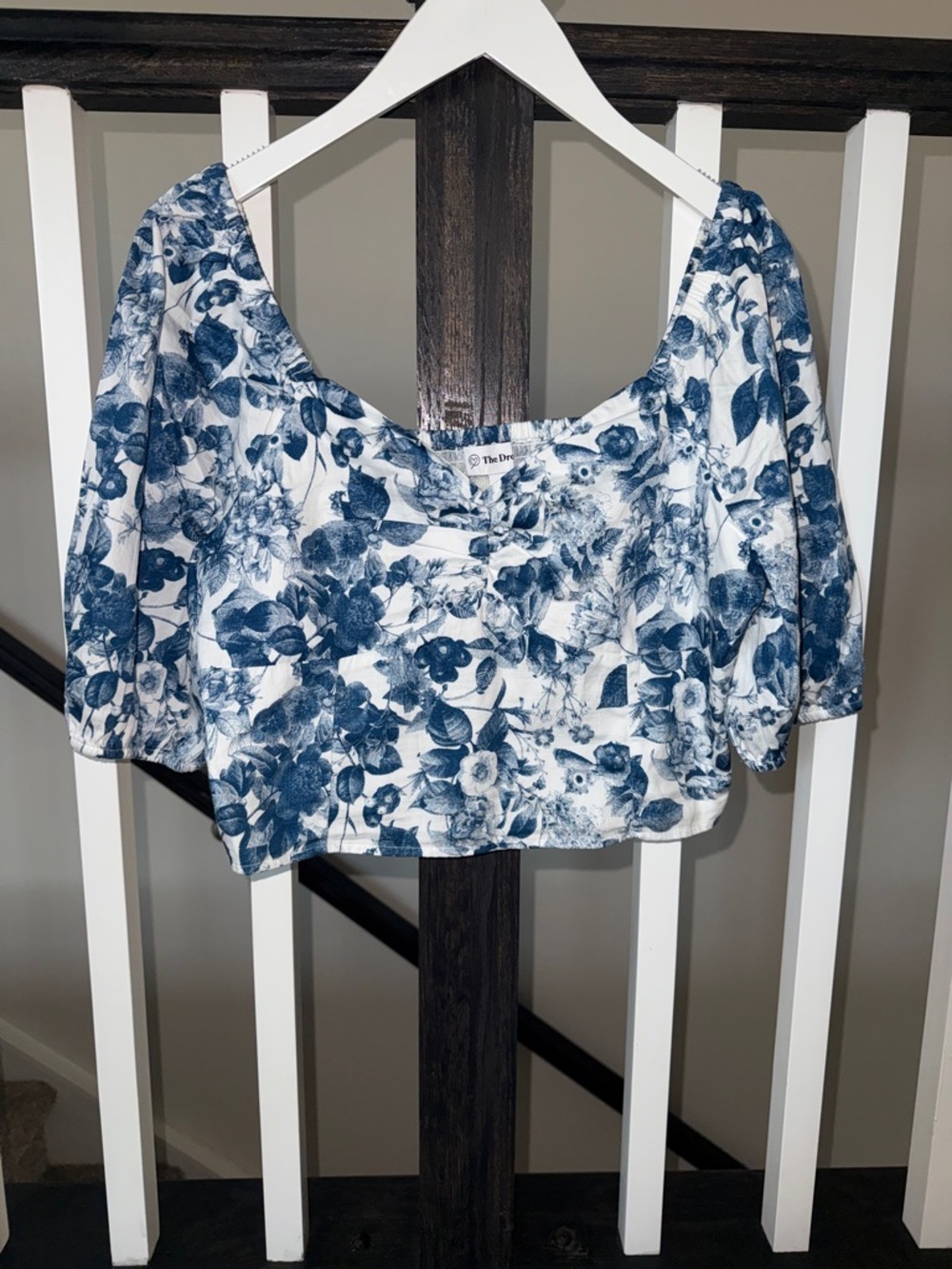 Blue Floral Puff Sleeve Crop Top - Women's